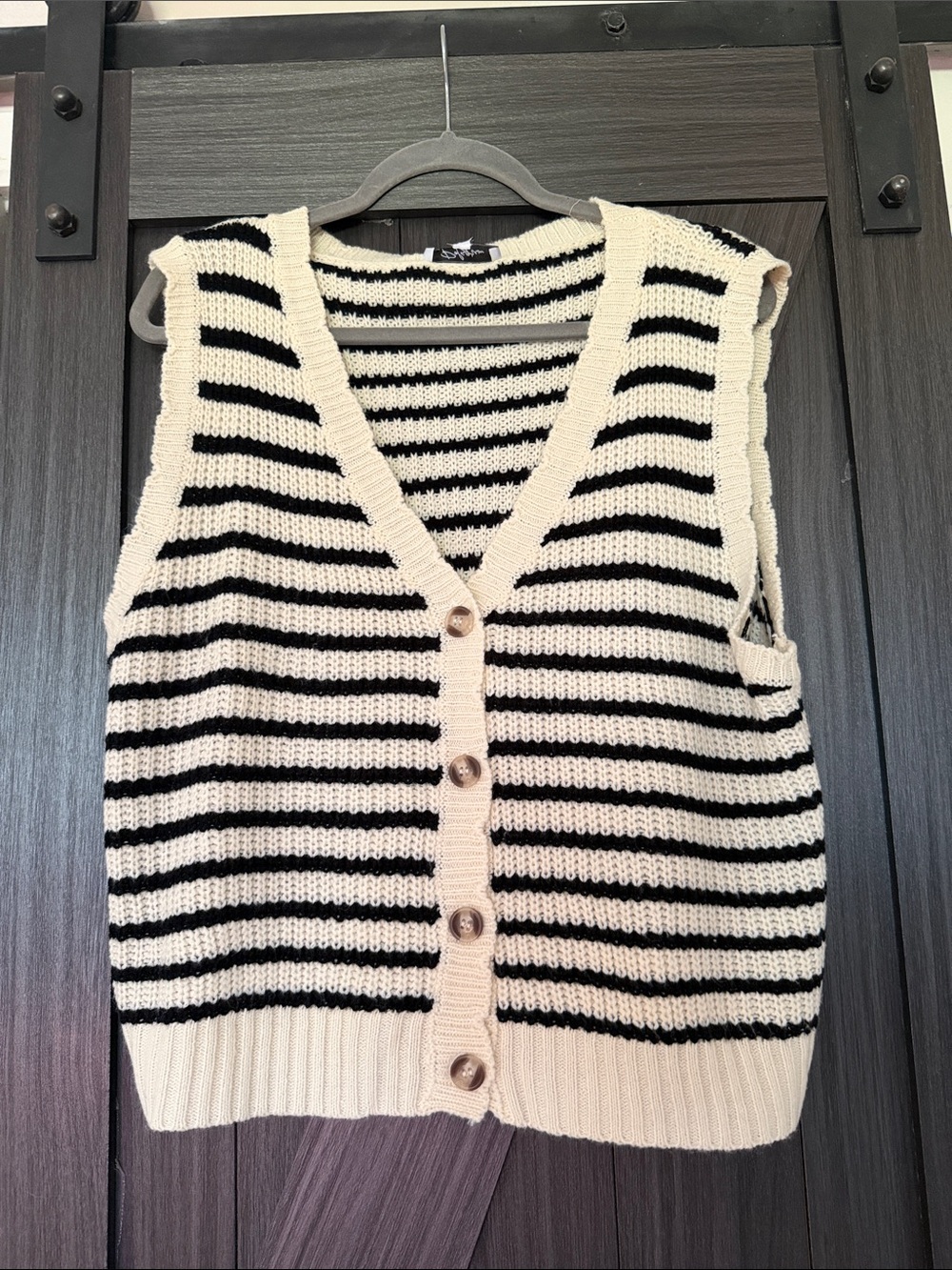 Striped Button-Front Knit Vest in Cream and Black
